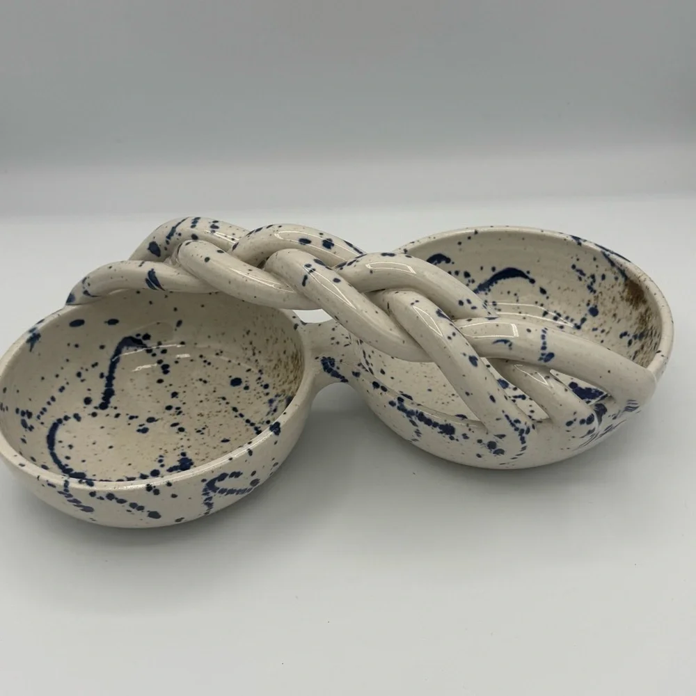 Handcrafted Ceramic Speckled Blue and Gold Dual Double Bowl with Braided Handle